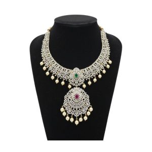 22K Gold Plated 925 Silver Diamond Finish Necklace | CZ Bridal Jewellery with Ruby - Emerald and Pearl Drops