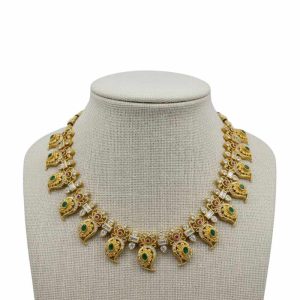 22K Gold Plated 925 Silver Mango Choker Necklace with CZ Emerald and Ruby Stones
