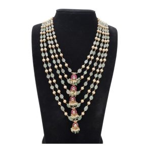 22K Gold Plated 925 Silver Multi-Layered Necklace with Real Emerald Beads - Swarovski Pearls and Kundan Pendants