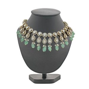 925 Silver Victorian-Style Necklace & Earring Set - 22K Gold Plated Emerald & Moissanite