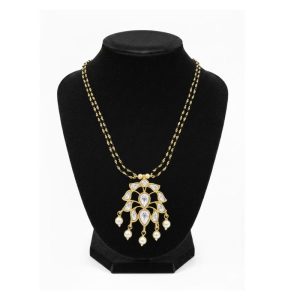 925 Silver 22 Carat Gold Plated Black Beads Necklace with Kundan Pendant and Pearls
