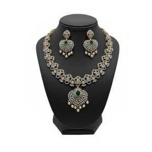 925 Silver 22 Carat Gold Plated Detachable Emerald and CZ Diamond Finish Necklace Set
