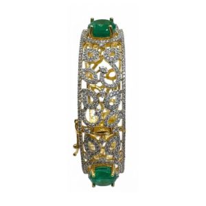 925 Silver 22 Carat Gold Plated Diamond Finish Open Style Bangle with Cubic Zirconia and Emerald Stones