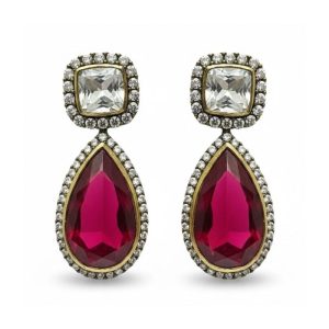925 Silver 22 Carat Gold Plated Victorian Ruby and Moissanite Dangle Earrings