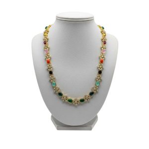 925 Silver 22K Gold Plated Multi-Color Gemstone Navratna Necklace