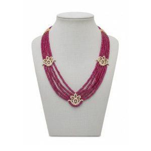 925 Silver 22K Gold Plated Multi-Layered Real Rose Quartz Bead Necklace with CZ Pendants