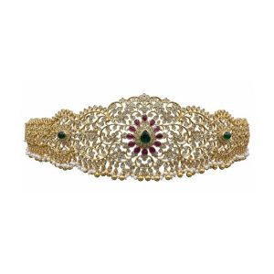 925 Silver 22 Carat Gold Plated Vaddanam with CZ - Poya Stones and Real Pearls