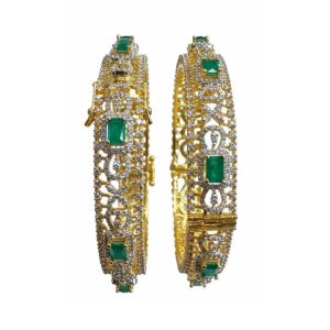 925 Silver 22 Carat Gold Plated Detachable Emerald and CZ Diamond Finish Open Bangle Set
