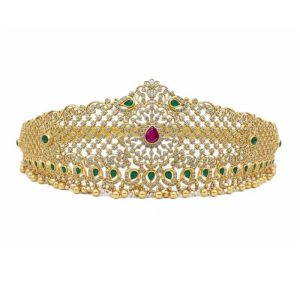 925 Silver 22 Carat Gold Plated Vaddanam with CZ - Poya Stones and Real Pearls