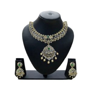 925 Sterling Silver 22K Gold Plated CZ and Emerald Detachable Pendant Necklace Set