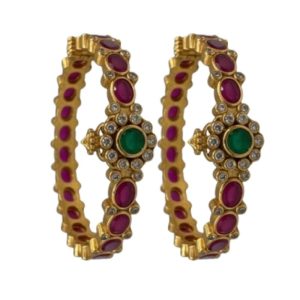 925 Silver 22 Carat Gold Plated Cubic Zirconia Stones Emerald and Ruby Open Style Kada Bangles