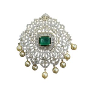 925 Silver 22 Carat Gold Plated Diamond Finish Pendant with Cubic Zirconia and Emerald Stones