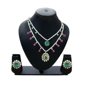 925 Silver 22 Carat Gold Plated Moissanite Two-Layered Real Pearls Necklace with Screw Style Moissanite Earrings