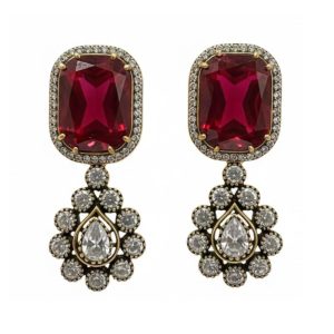 925 Silver 22 Carat Gold Plated Victorian Ruby and Moissanite Dangle Earrings