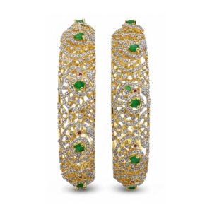 925 Silver 22 Carat Gold Plated Diamond Finish Open Style Bangles with Cubic Zirconia and Emerald Stones - 1 Pair