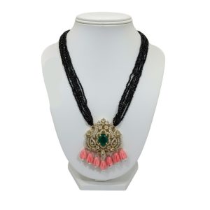 925 Silver 22k Gold Plated Victorian Style Emerald Moissanite Pendant Balck Beads with Pink Tassels