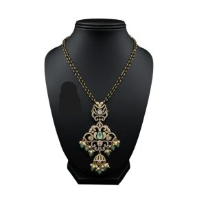 925 Silver 22k Gold Plated Victorian Style Carved Emerald and Moissanite Pendant Black Beads