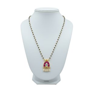 925 Silver 22k Gold Plated Pink Kundan Pendant Set with Pearl Drops Black Beads