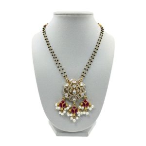 925 Silver 22k Gold Plated Ruby Red Kundan and Moissanite Pendant Set with Pearl Drops
