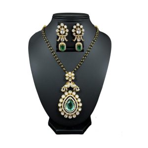925 Silver 22k Gold Plated Emerald Green Teardrop Moissanite Pendant Black Beads & Earring Set