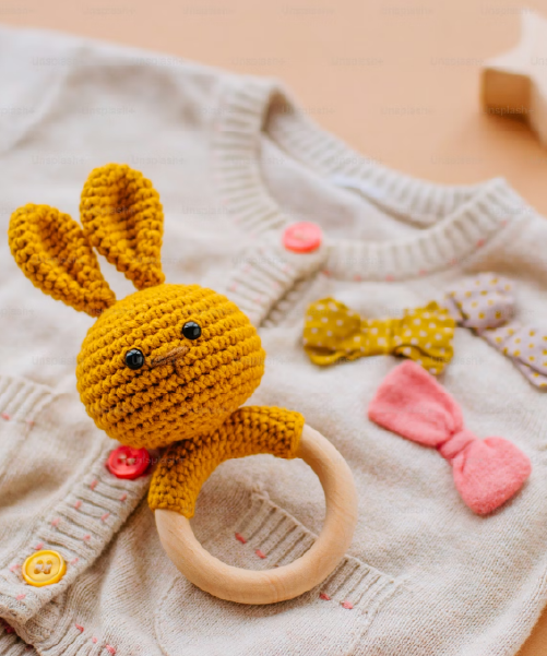 A yellow crocheted bunny rattle with long ears and a natural wooden ring rests on a cream-colored knitted baby cardigan with colorful buttons. Several small fabric bows in pink and yellow polka-dot patterns are scattered nearby on the soft, neutral-toned surface.
