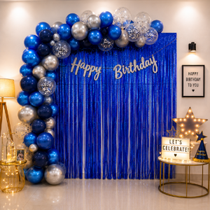 Blue and white balloon decoration at home DIY party setup by Booncart