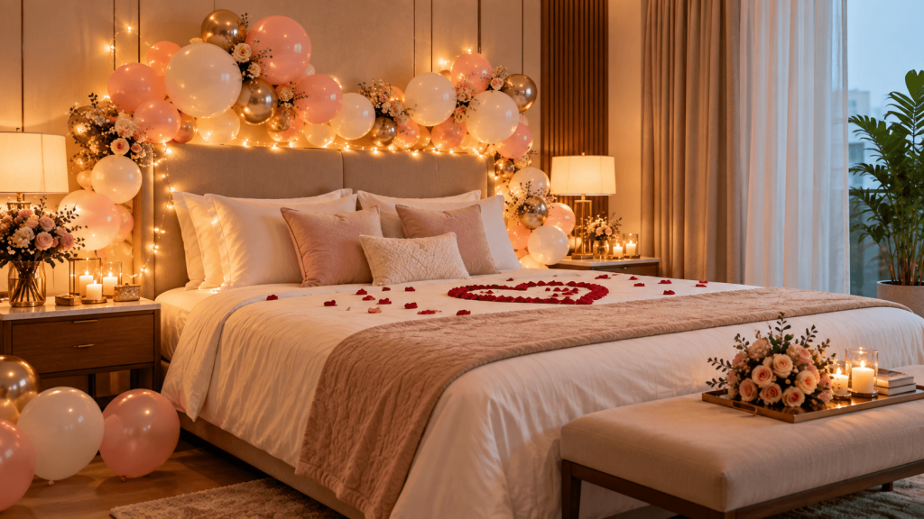 Romantic anniversary room decoration with balloons and fairy lights