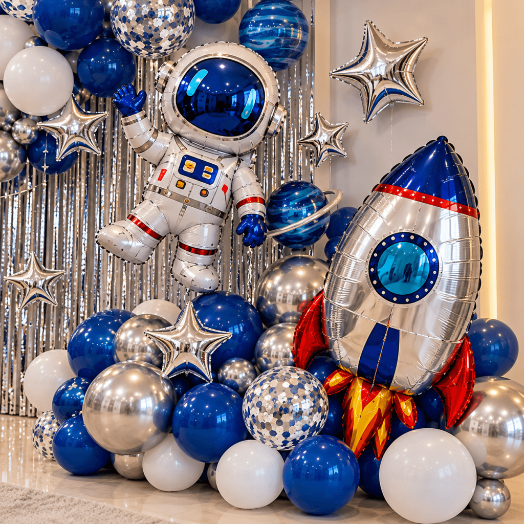 astronaut and rocket space birthday decorations