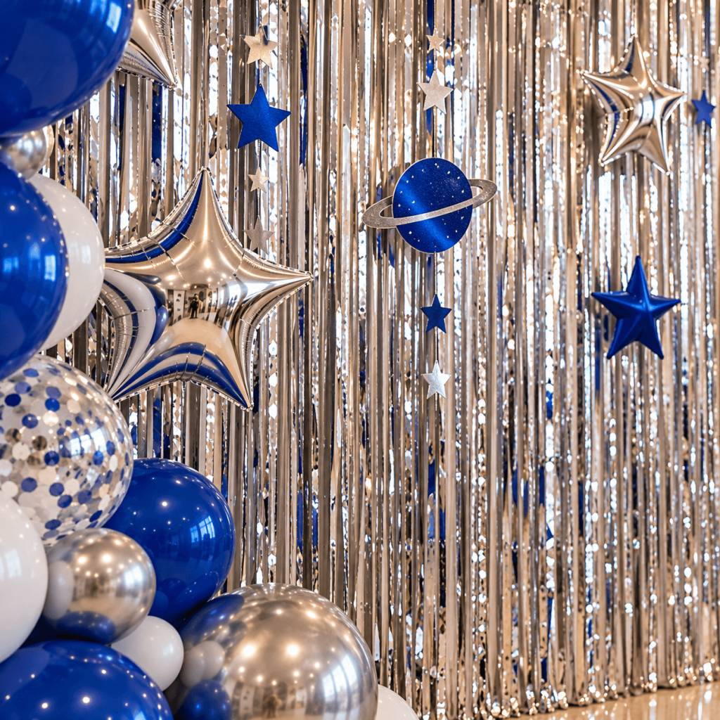 silver fringe curtain for space birthday decoration
